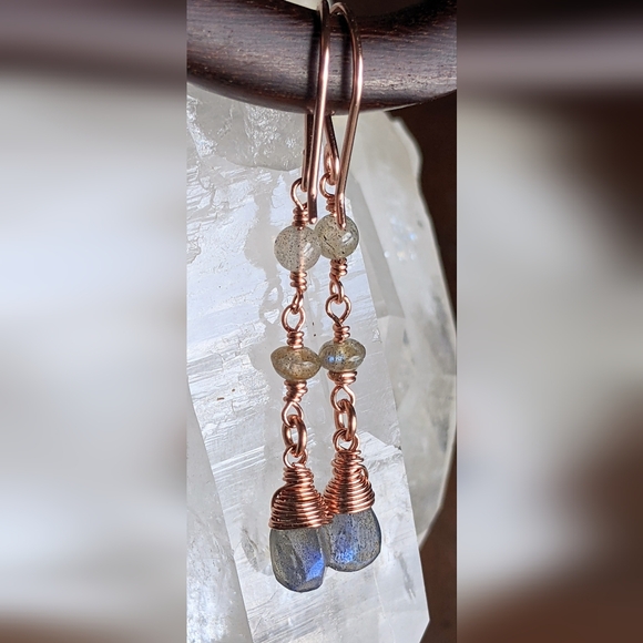 Mystical Labradorite Earrings Dainty Copper Wire Wrapped Design - Picture 8 of 12